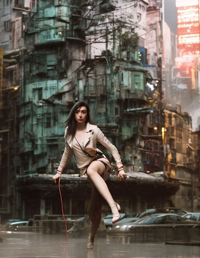 Stylish woman posing on wet street with futuristic urban backdrop