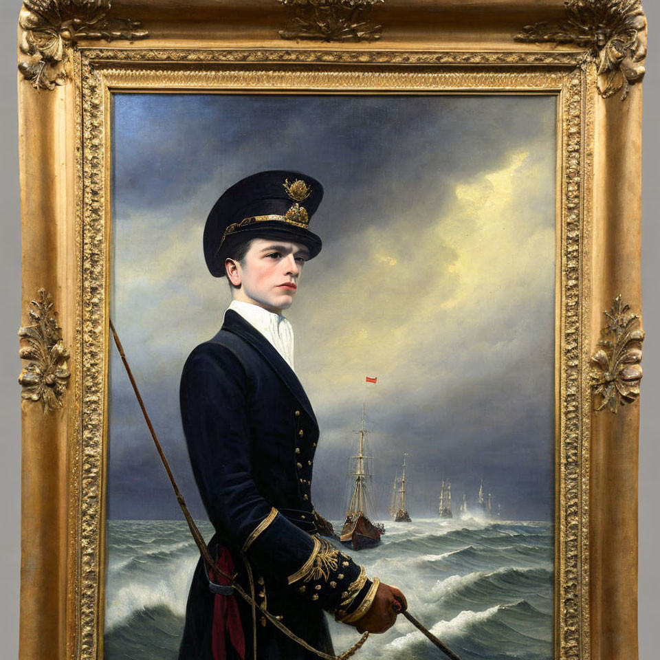 Naval uniform portrait with bicorne hat and telescope on turbulent sea.