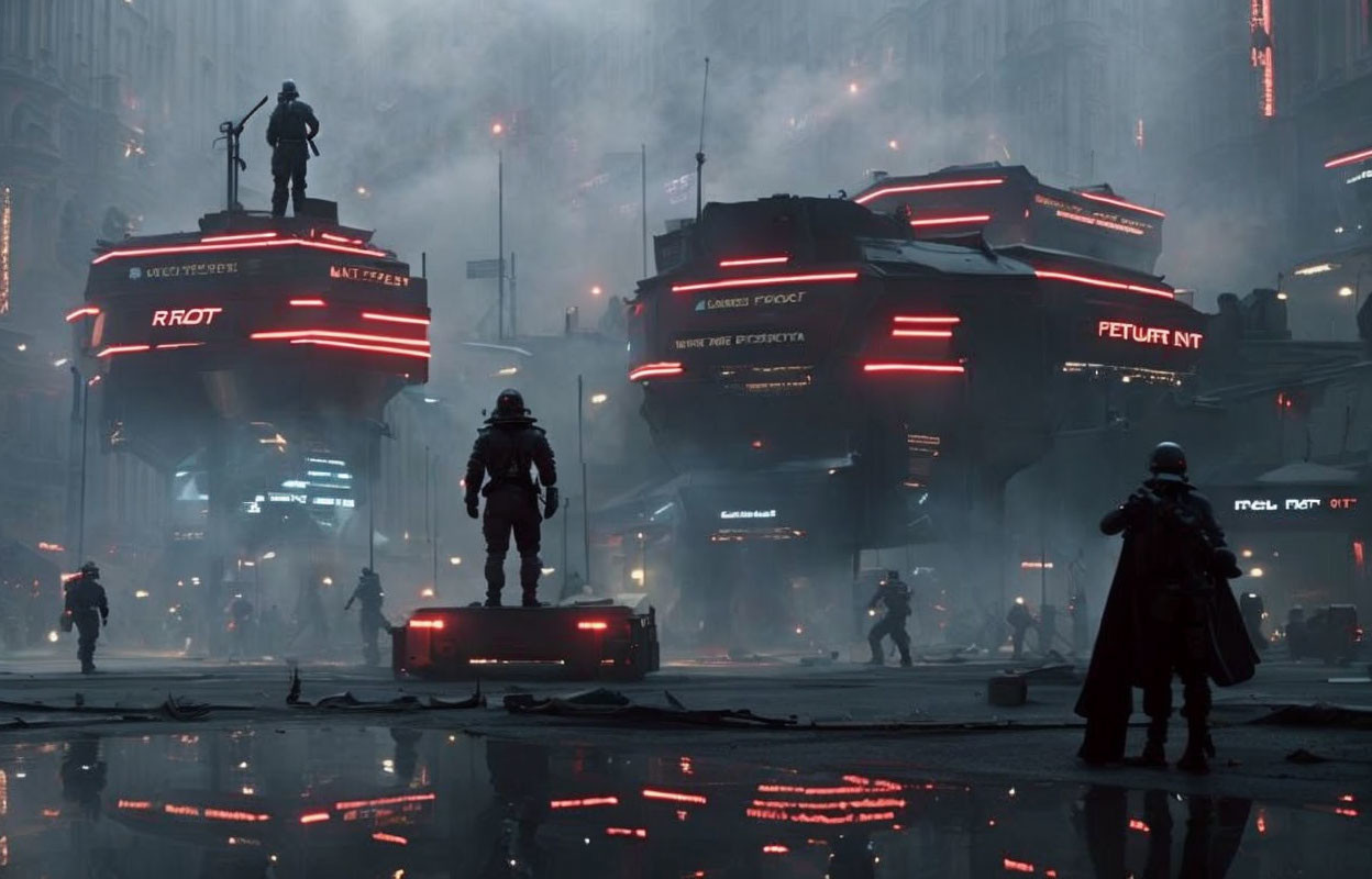 Dystopian cityscape with smog, police vehicles, and armed figures