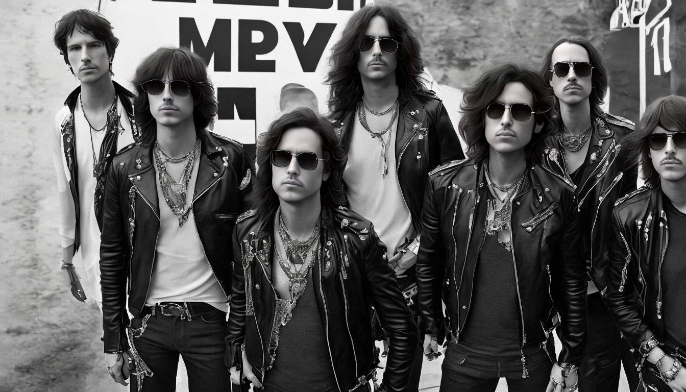 Vintage black and white photo of people in retro rock style with leather jackets and sunglasses in front of graffiti