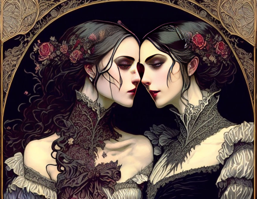 Symmetrical gothic illustration of two women in black attire