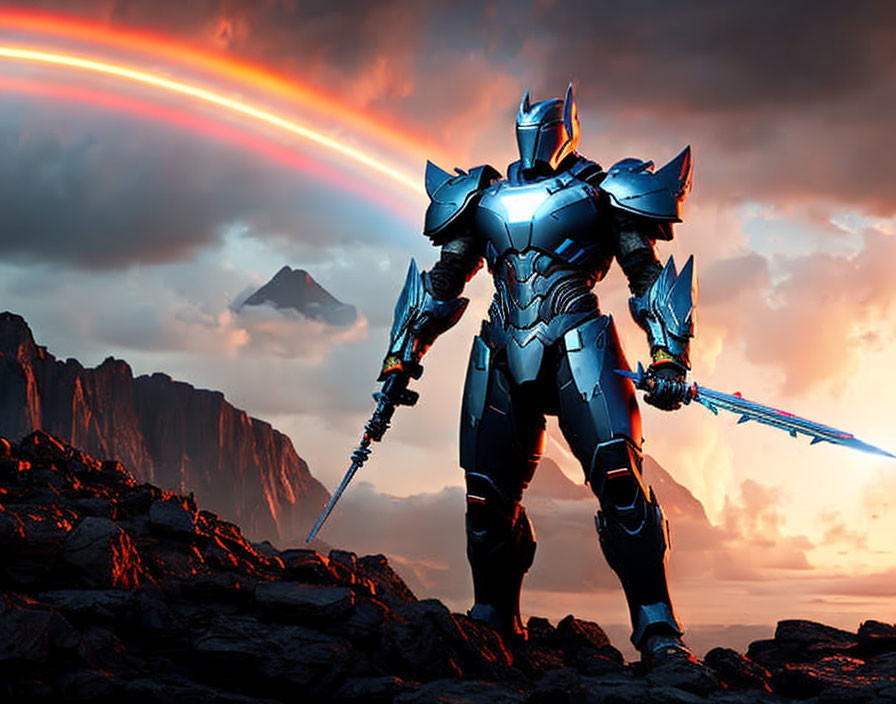 Armored warrior with glowing spear on rocky terrain under dramatic sky