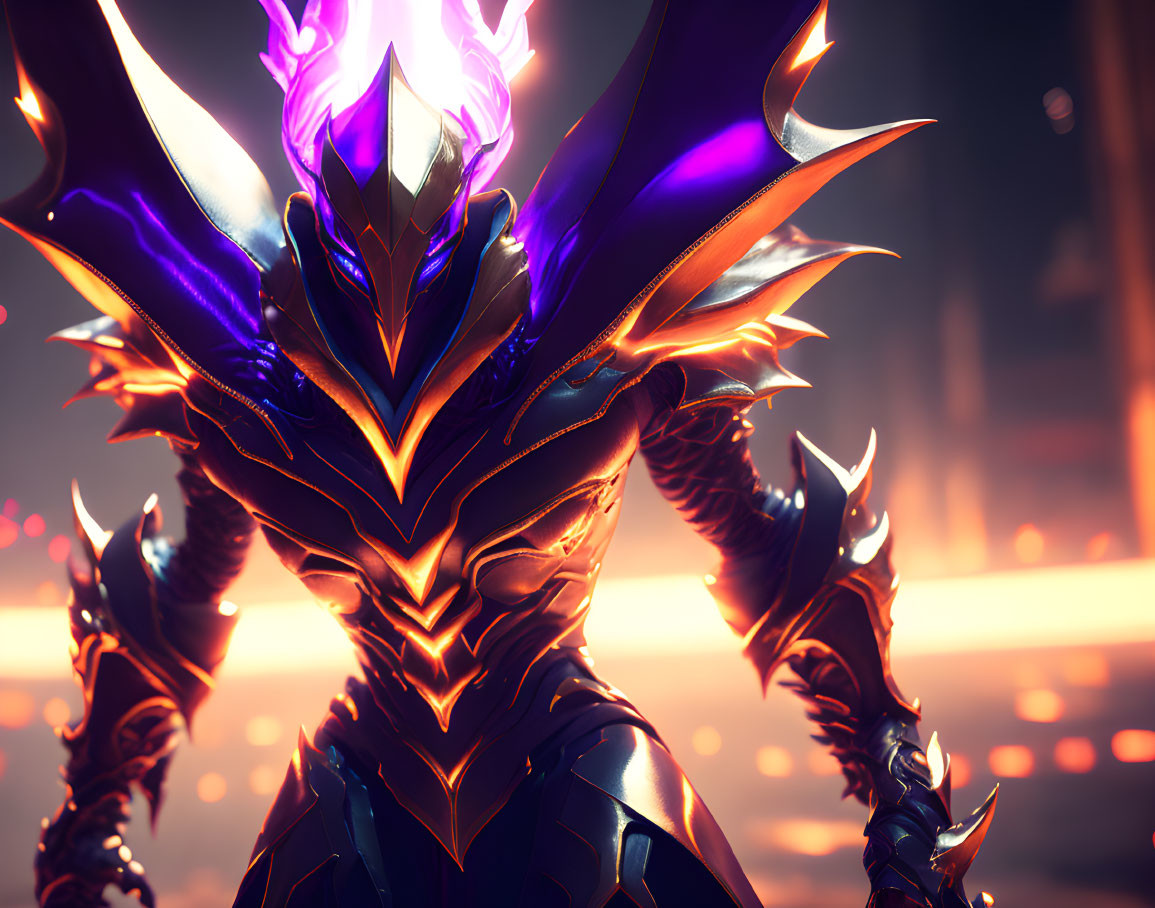 Armored figure with glowing purple accents in fiery background