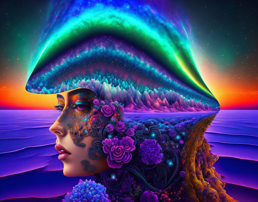 Surreal image of woman's profile with vibrant flowers and patterns blending into psychedelic landscape