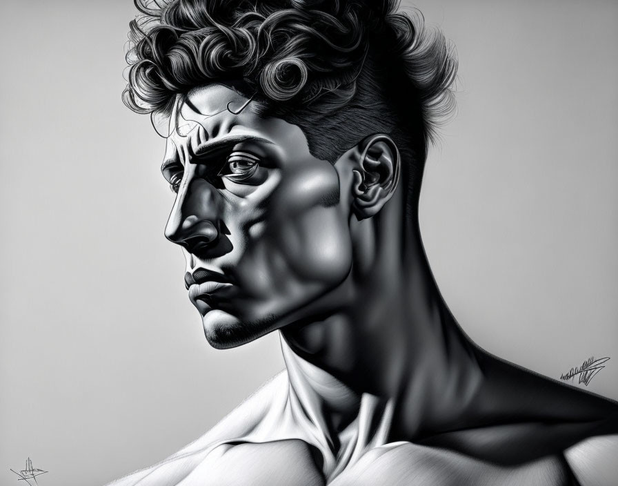 Monochromatic digital artwork of a stylized man with dramatic shadows