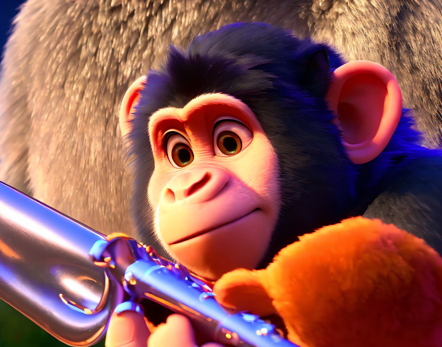 Cartoon monkey holding flute with expressive eyes in warm lighting