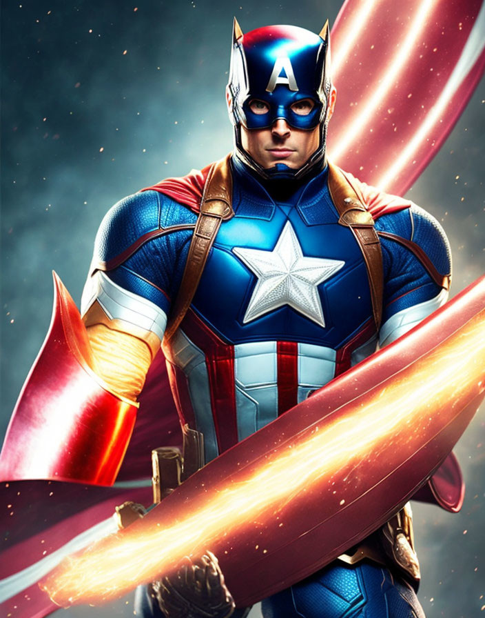 Heroic Figure in Blue and Red Costume with Shield in Cosmic Setting