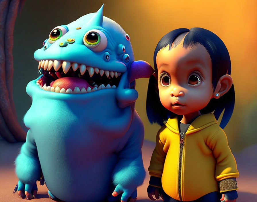 Blue Cartoon Creature with Horns and Young Girl in Yellow Jacket Against Warm Background