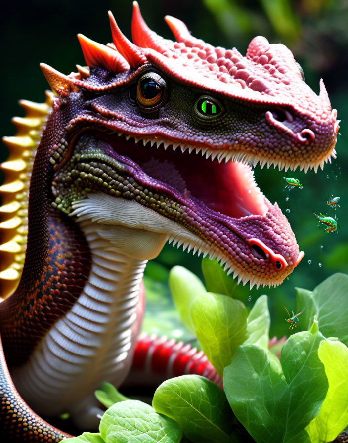 Detailed Illustration of Red and Orange Dragon in Lush Environment