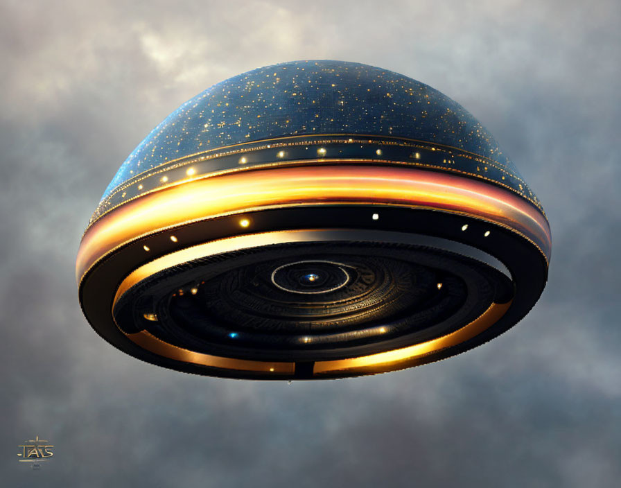 Detailed digital illustration: UFO in cloudy sky with gleaming metal hull