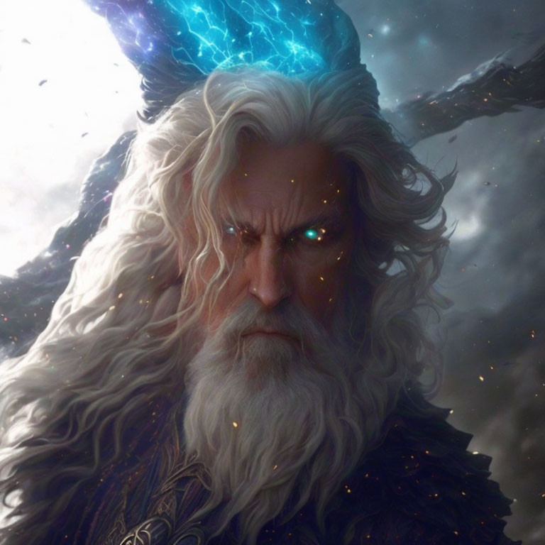 White-bearded character with green eyes and blue lightning in stormy setting