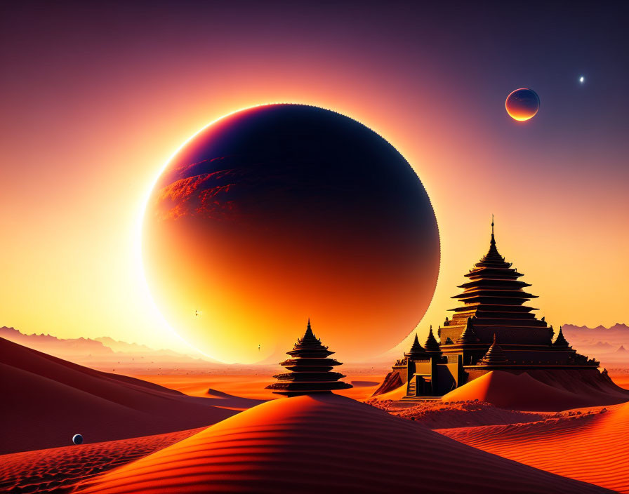 Surreal landscape with desert dunes, pagodas, and planet in orange sky