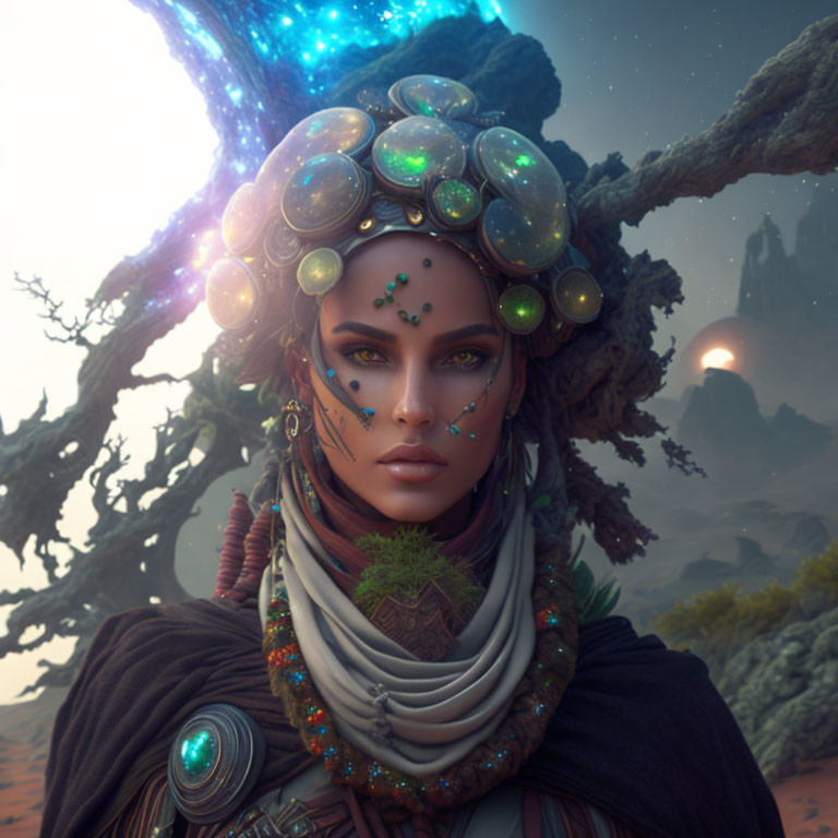 Digital artwork: Woman with jeweled headdress and face paint in alien desert landscape