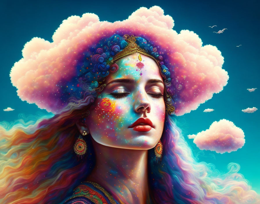 Portrait of woman with cloud hair, stars, vibrant colors, ornate jewelry, serene expression