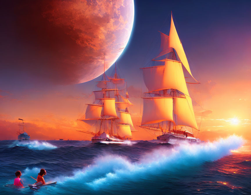 Ocean sunset scene with kayakers, sailing ship, and giant planet