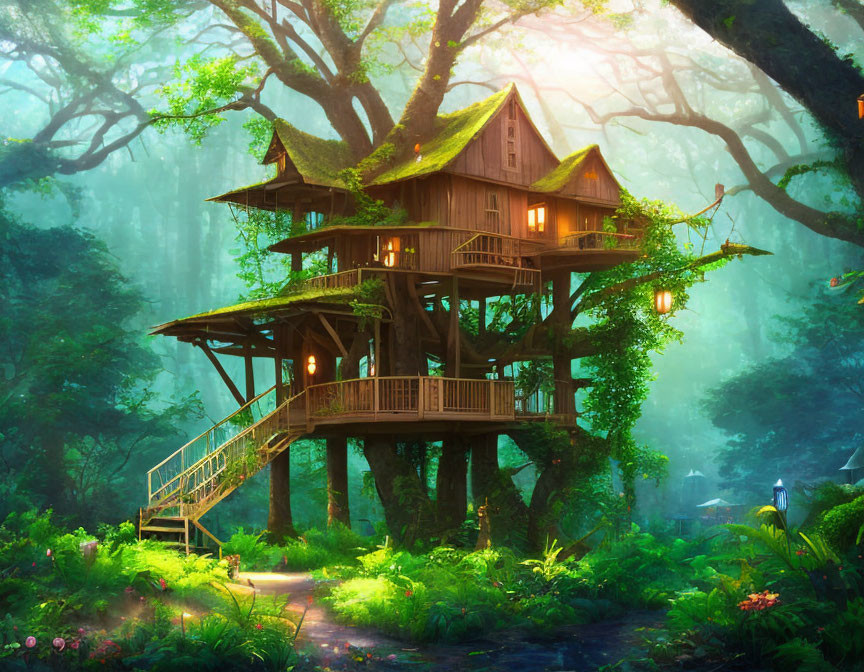 Serene treehouse in misty forest with wooden pathway