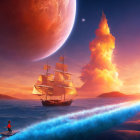 Ocean sunset scene with kayakers, sailing ship, and giant planet