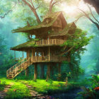 Serene treehouse in misty forest with wooden pathway