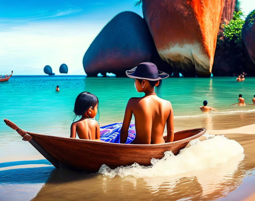 Beach scene with two people on boat and rock formations