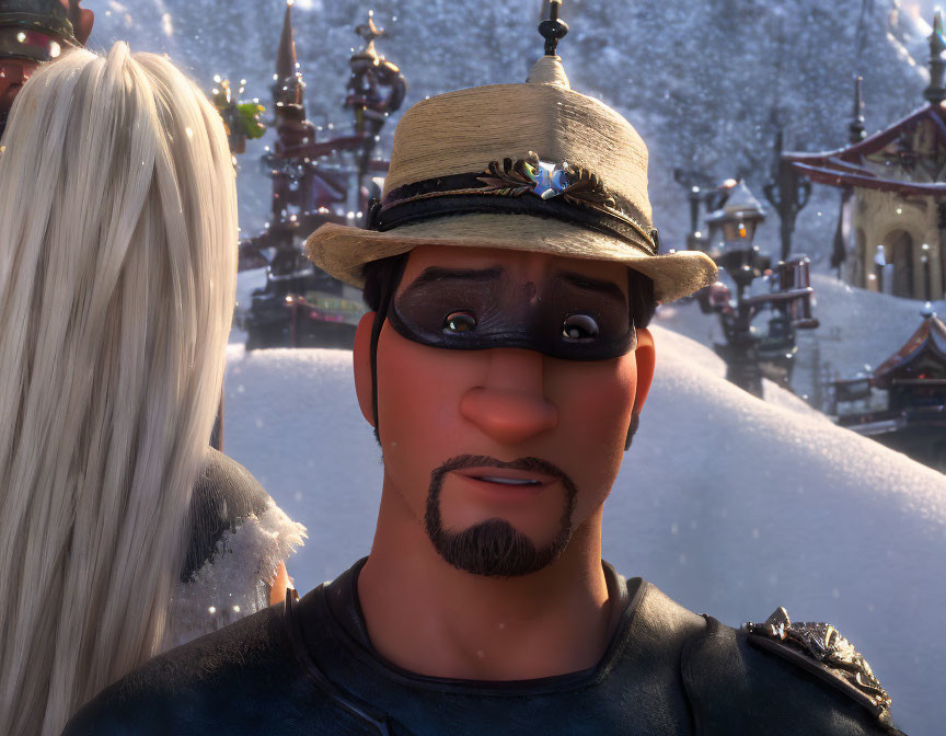 Animated character with bell hat and goatee in snowy village scene