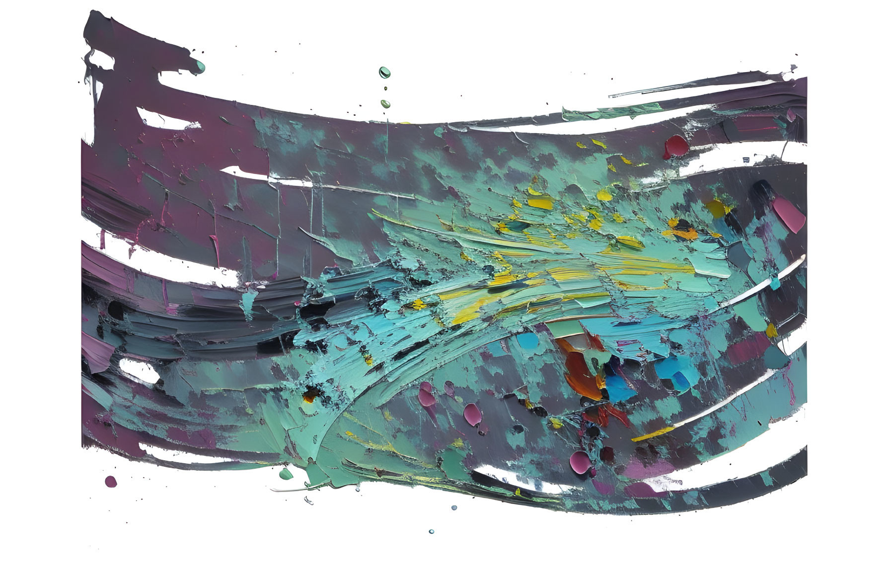 Vibrant abstract art: teal, blue, yellow, pink streaks on white.