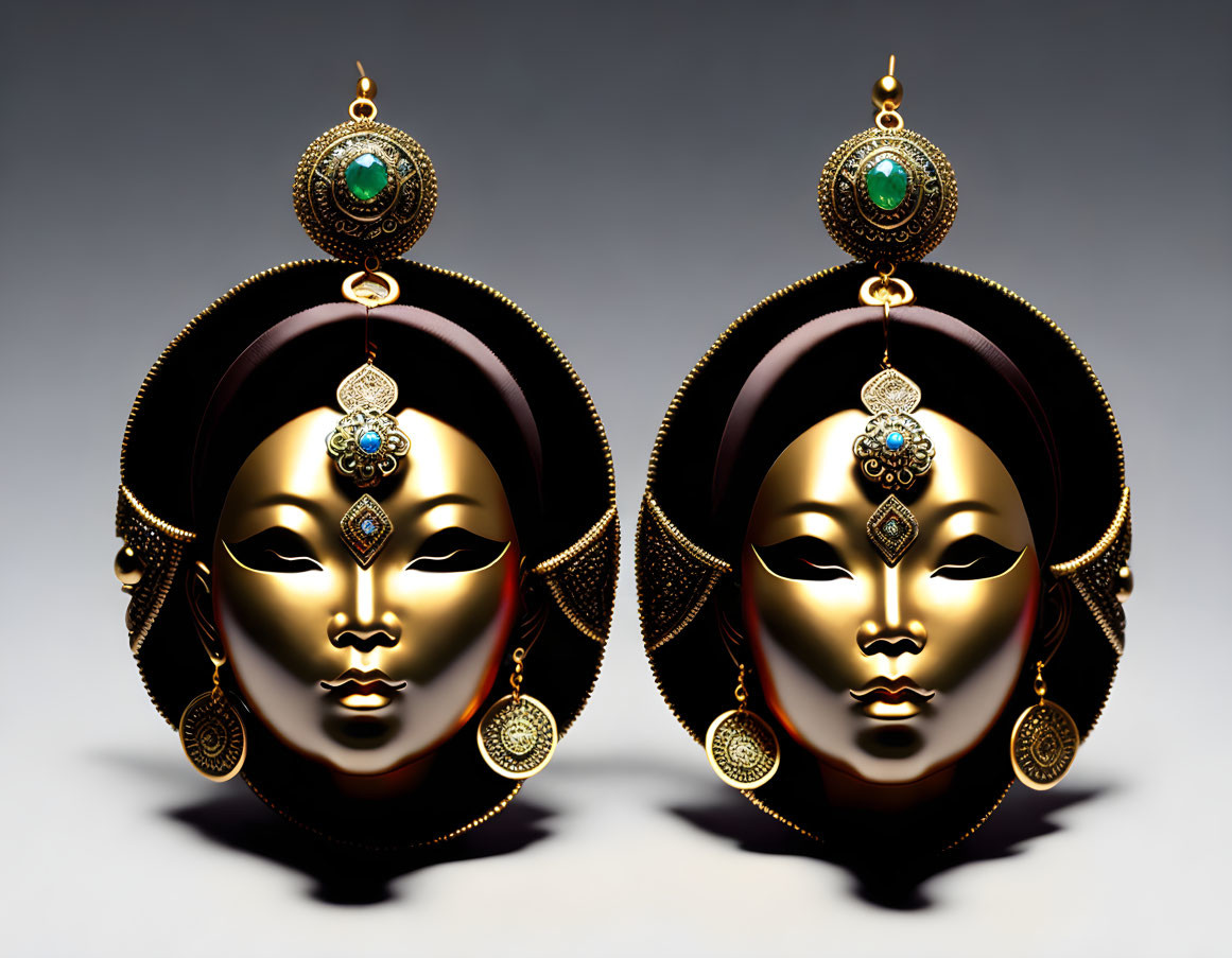 Stylized Ethnic Mask Earrings with Gemstones