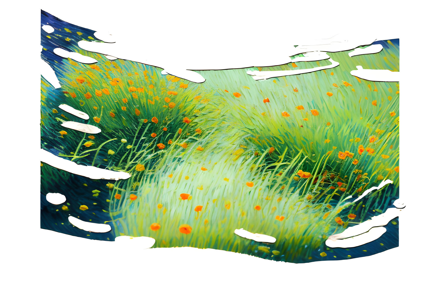 Abstract painting: Green field, orange flowers, white splatter on transparent background