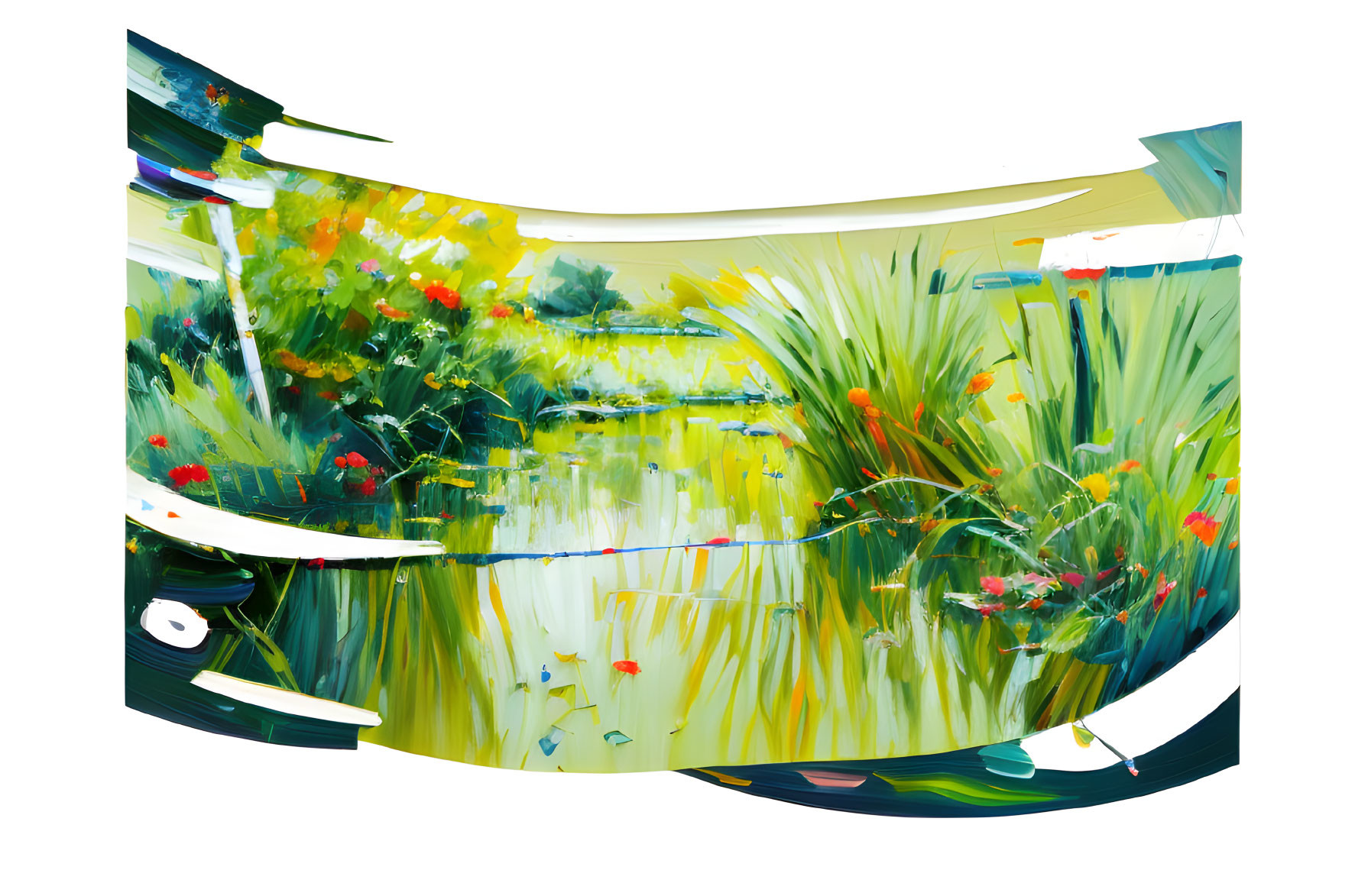 Vibrant abstract painting of lush green landscape with flowers and water reflection