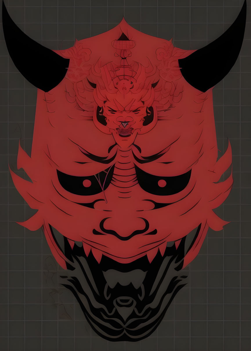 Red and Black Oni Mask Digital Art with Menacing Eyes and Sharp Horns