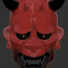 Red and Black Oni Mask Digital Art with Menacing Eyes and Sharp Horns