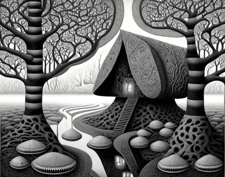 Monochrome surreal landscape with patterned trees and whimsical house