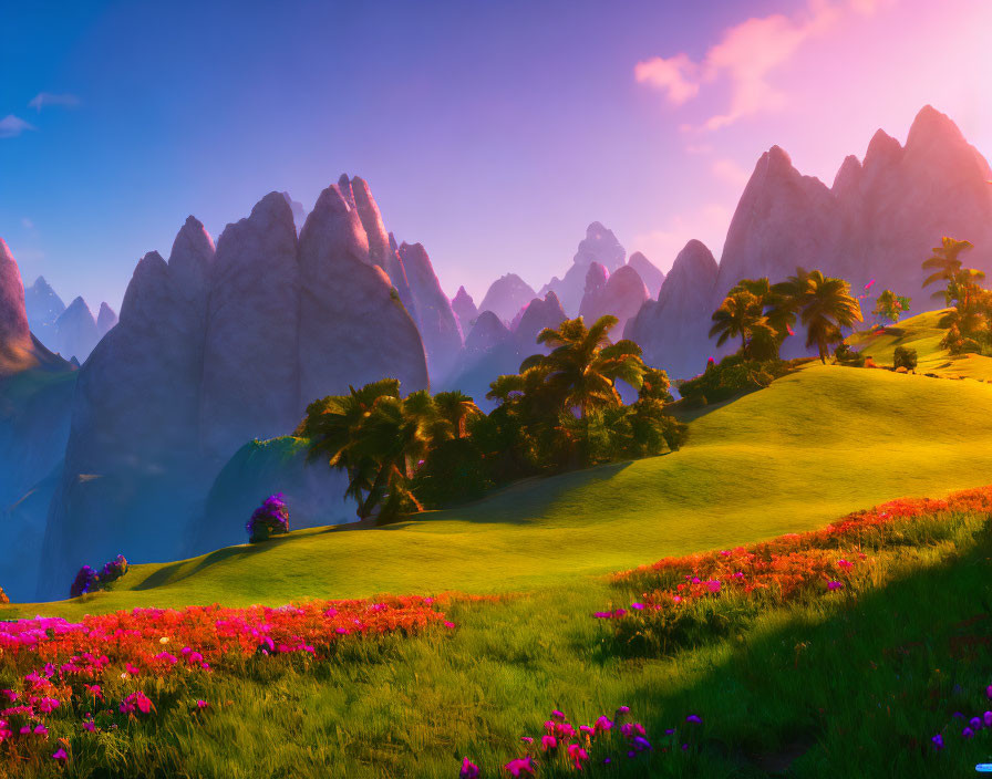 Vibrant landscape with flowering hills and rocky peaks at sunset