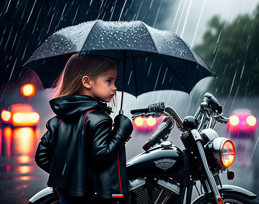 Young girl in leather jacket with umbrella by motorcycle on rainy street