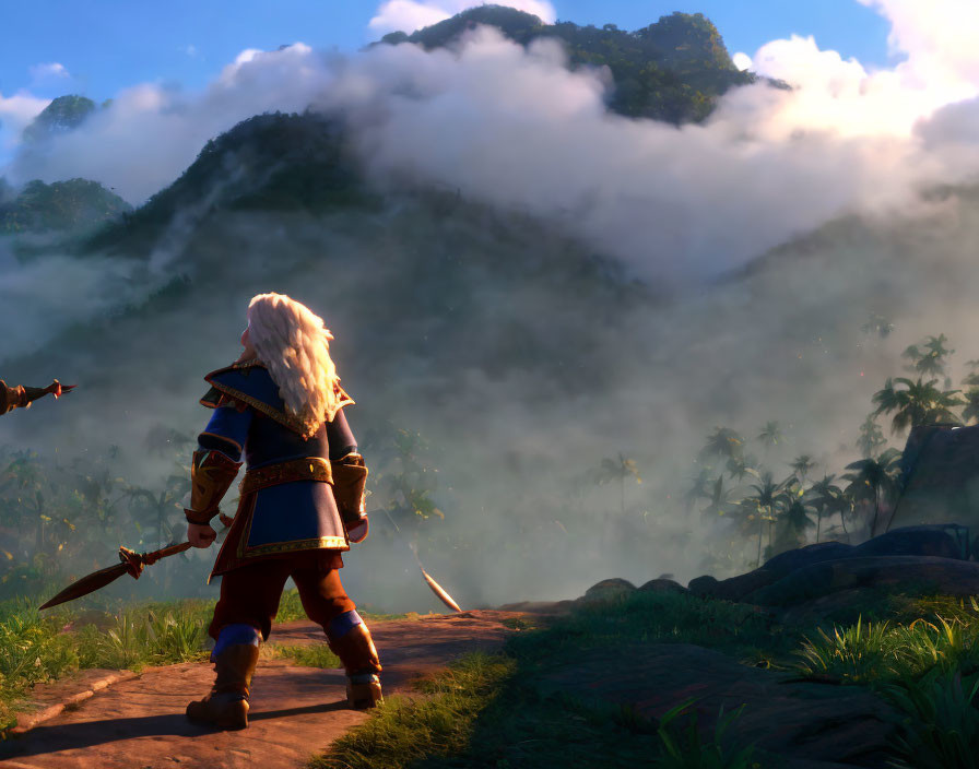 White-haired character in medieval armor gazes at misty fantasy landscape