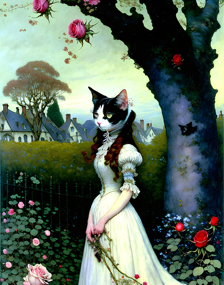 Surreal painting: woman with cat's head in period gown, blooming tree & village.