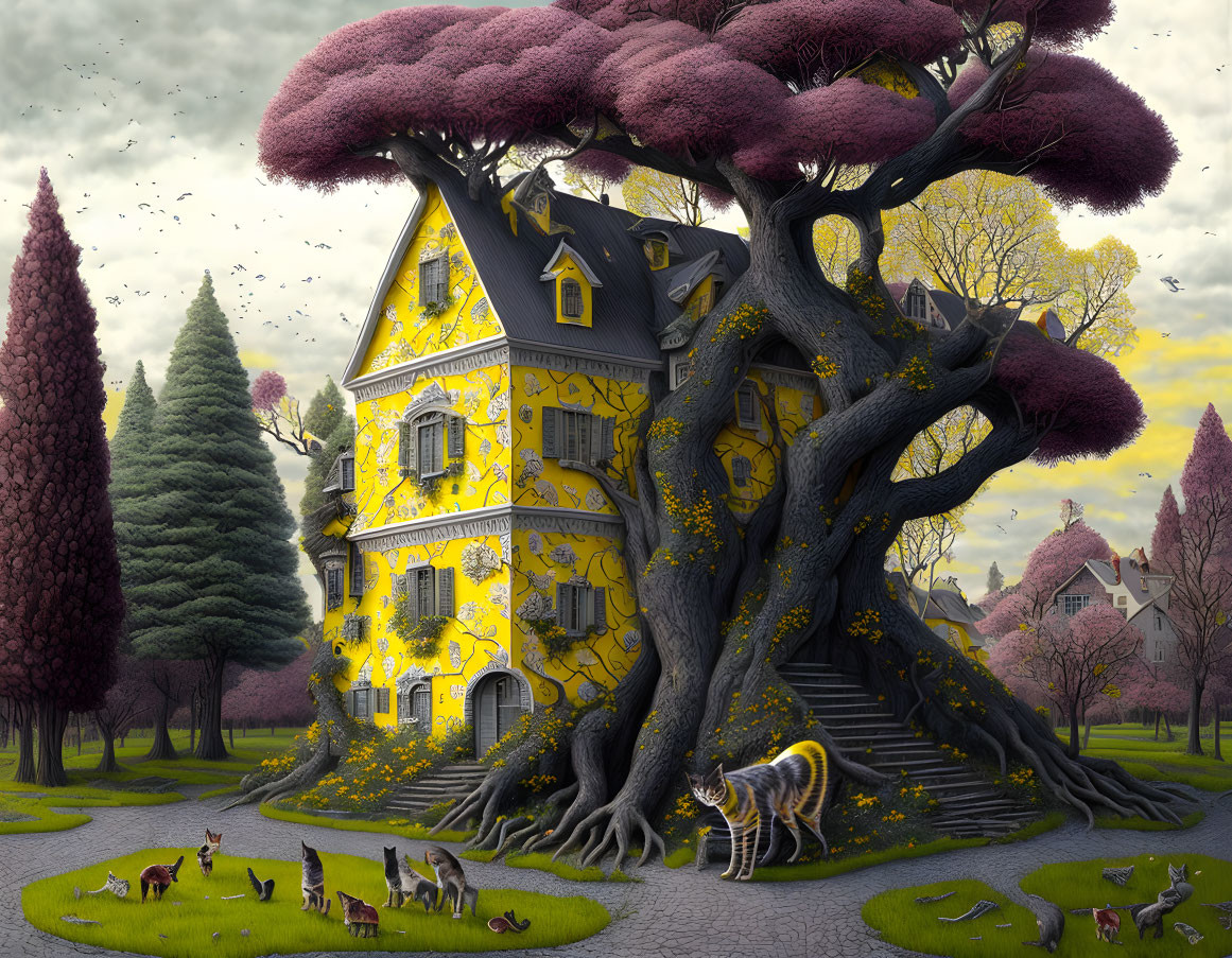 Enchanted yellow house with intricate tree growth and mystical landscape.