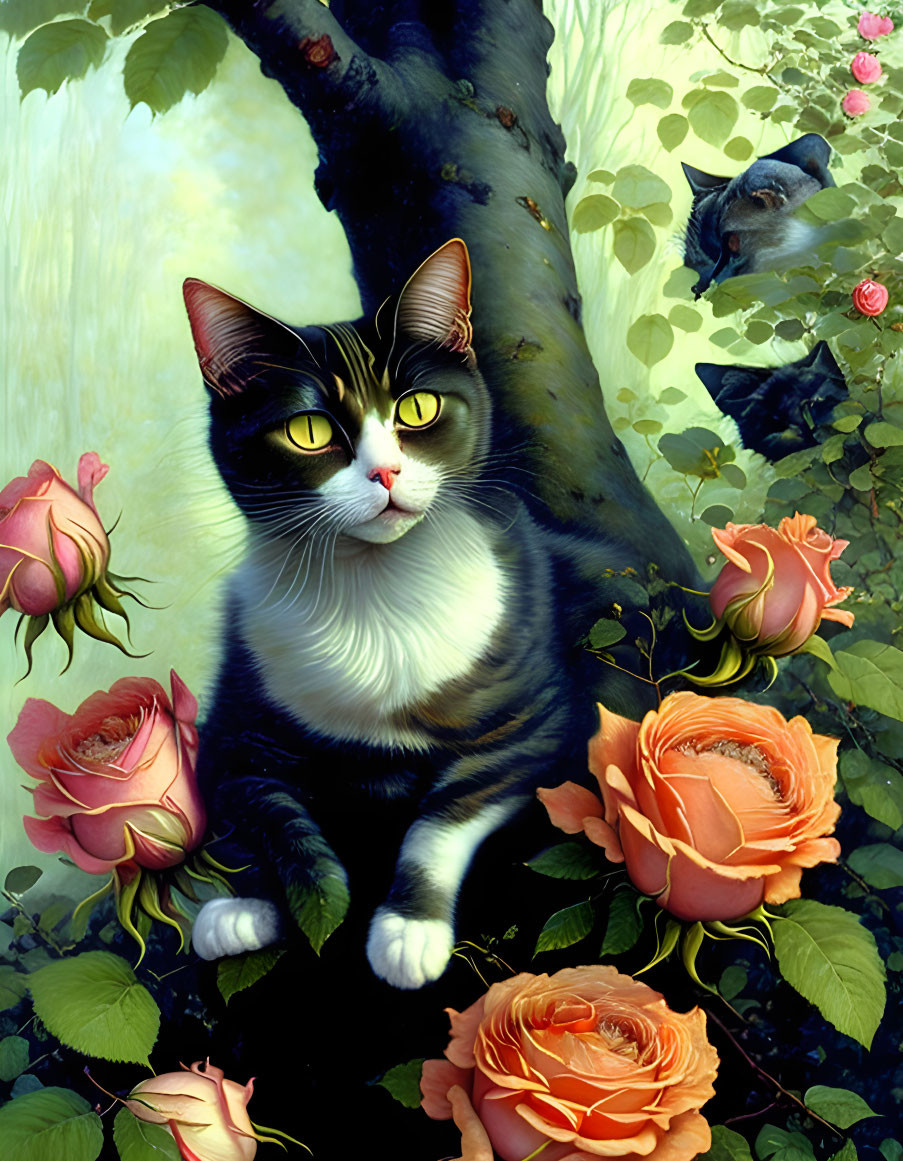 Illustration of black and white cat with green eyes in floral garden