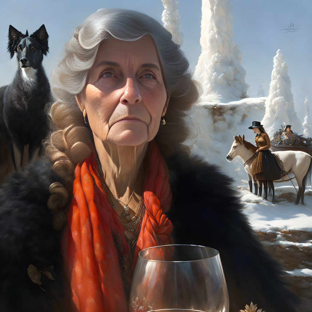 Elderly woman with gray hair and red scarf, black dog, icy landscape with horseback riders