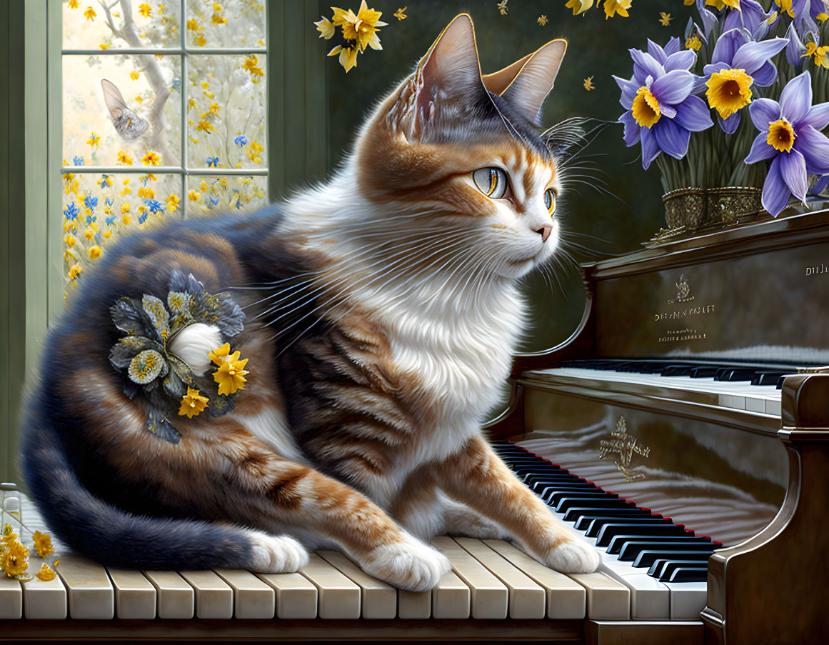 Realistic digital painting of cat with flowers on piano keys and butterflies by window