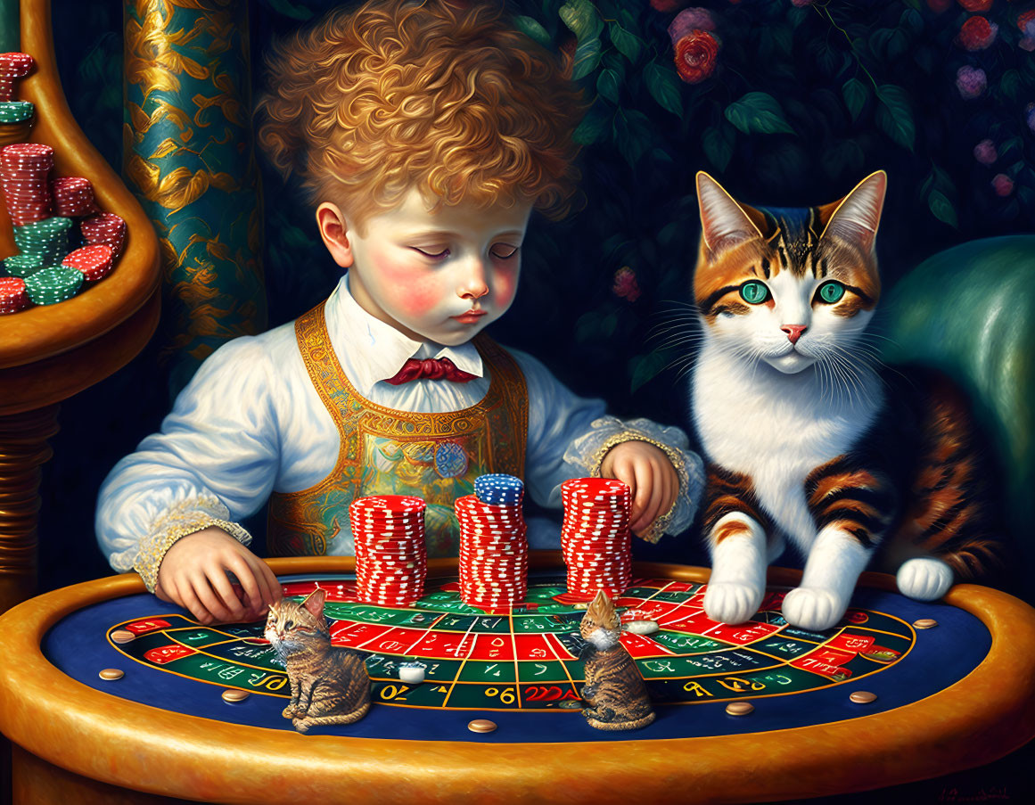 Child and Cat at Gambling Table with Poker Chips and Mice amid Floral Patterns