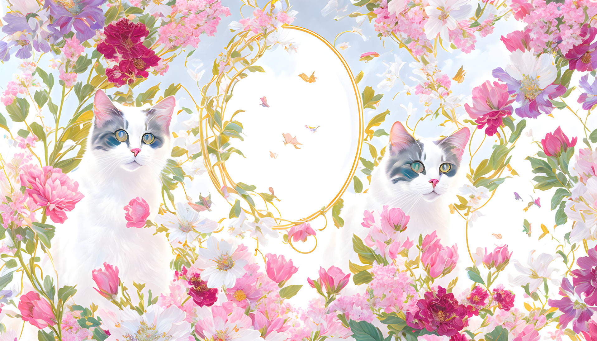 Two Cats in Golden Frame with Vibrant Flowers and Butterflies