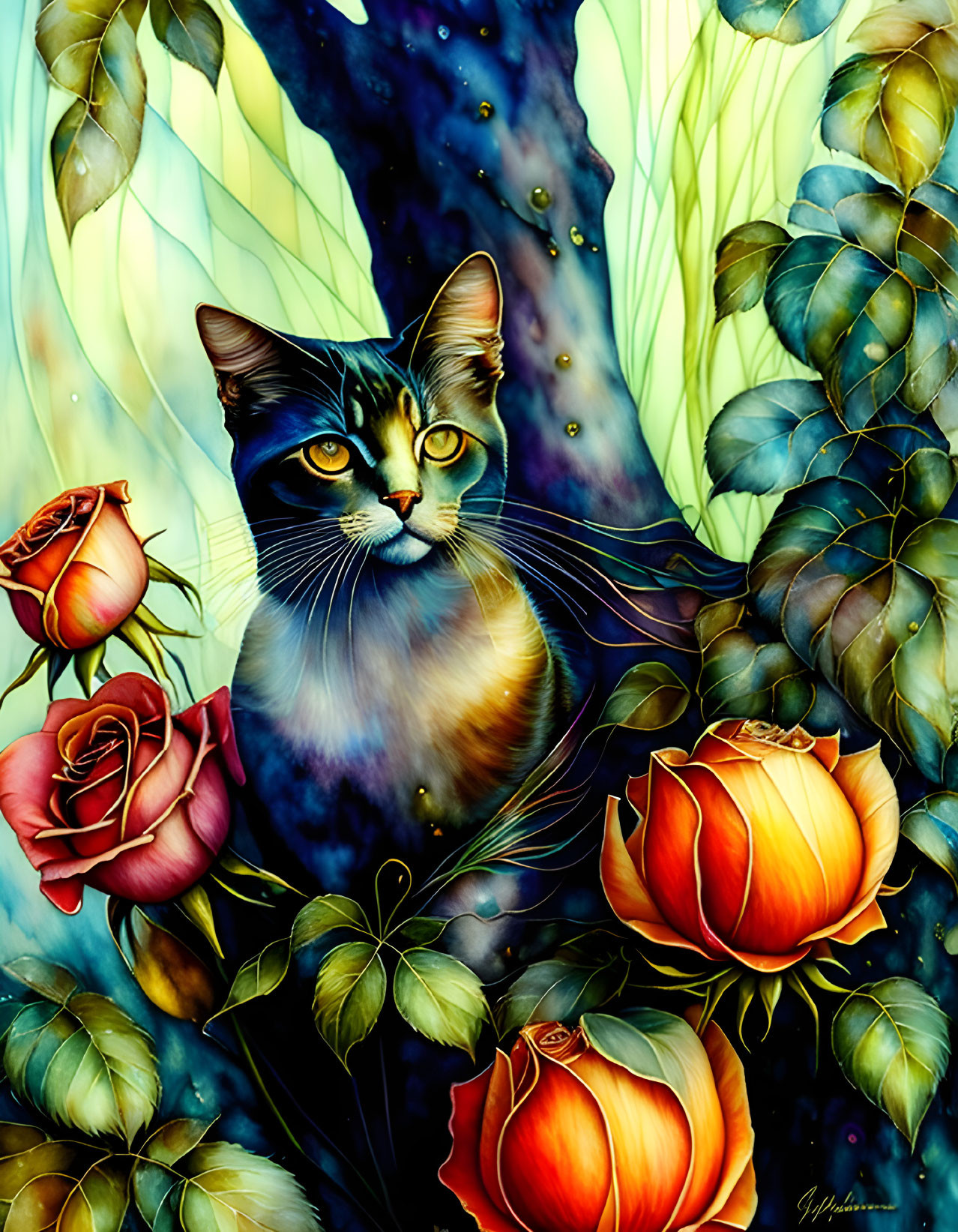 Colorful Cat Illustration Surrounded by Roses and Foliage