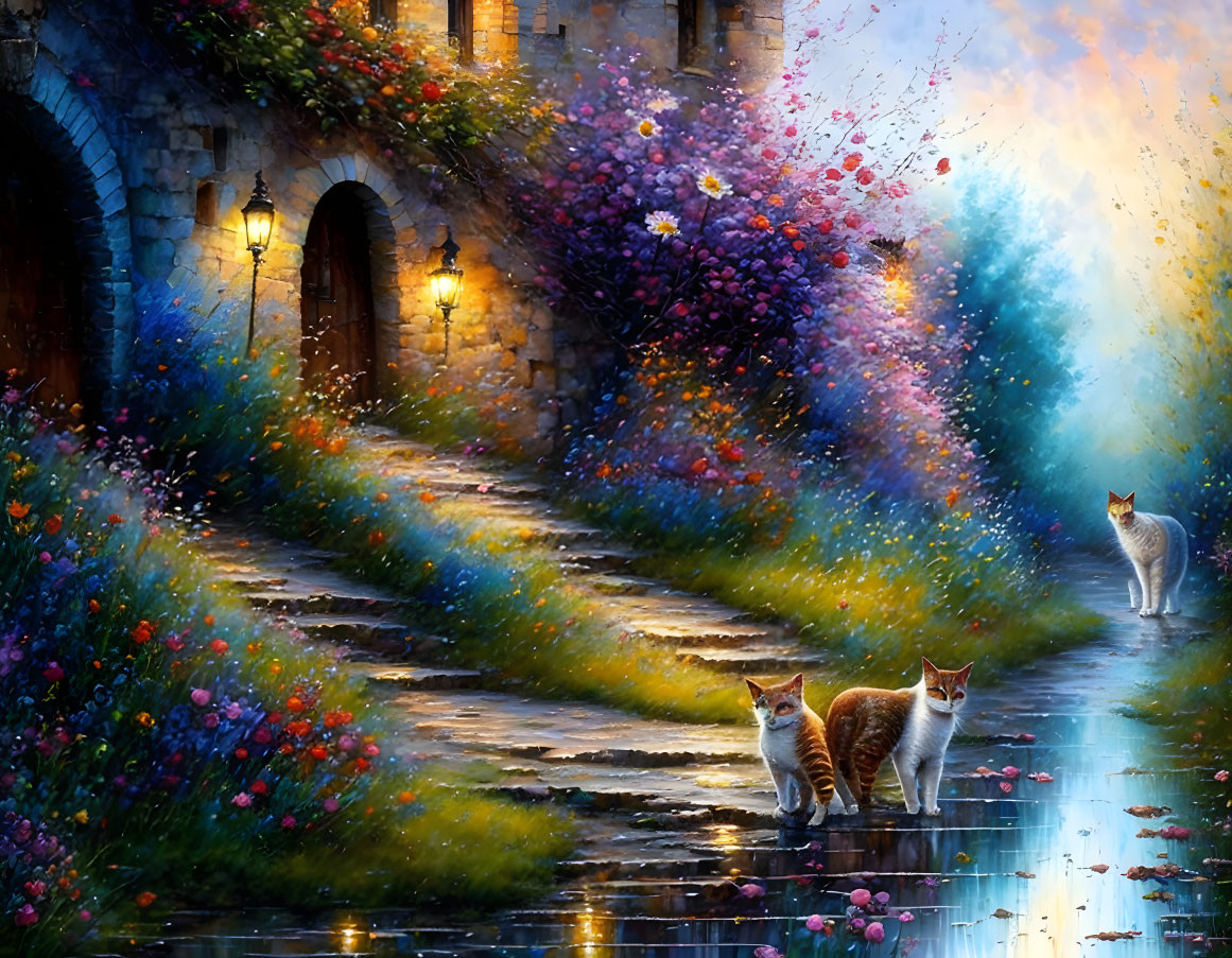 Three cats on cobblestone path near old stone archway with colorful flowers and lit lamps, magical