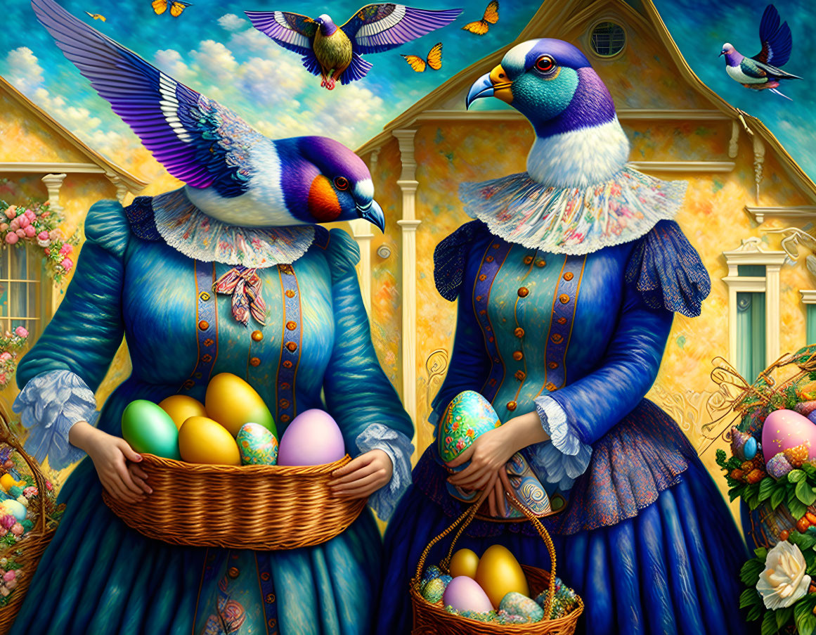 Anthropomorphic birds in vintage attire with Easter eggs in fantasy setting