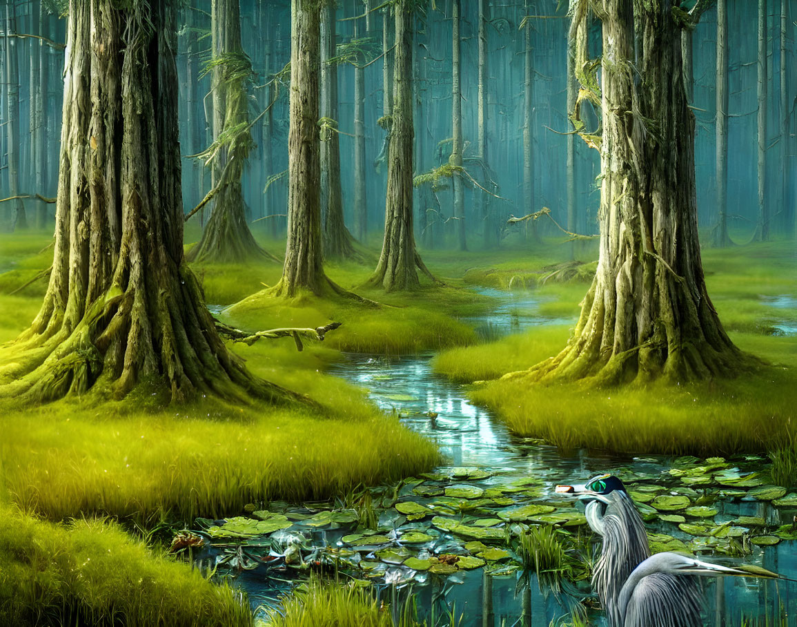 Tranquil forest scene with towering trees, moss, stream, and heron