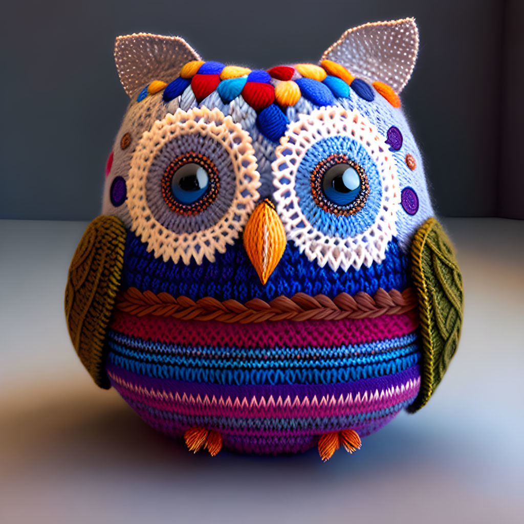 Colorful Crocheted Owl with Large Eyes and Vibrant Textures on Grey Background