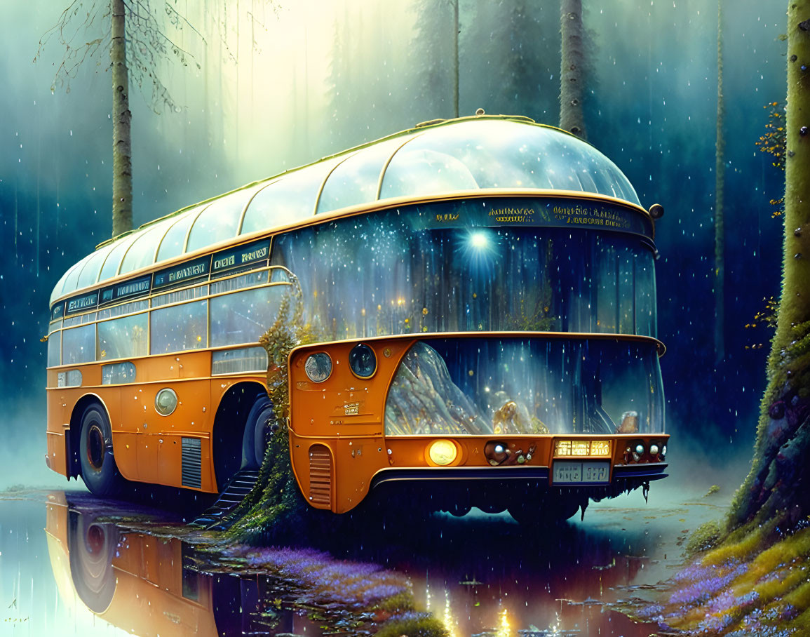 Vintage Bus with Glowing Lights in Magical Forest Scene