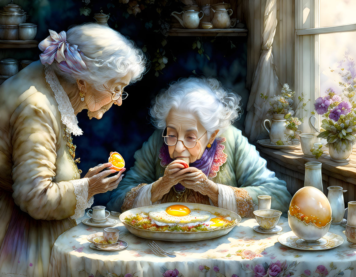 Elderly woman with spectacles examines ornately decorated eggs on table.