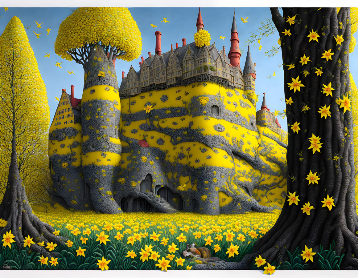 Yellow and Gray Whimsical Castle with Vibrant Trees and Daffodil Field