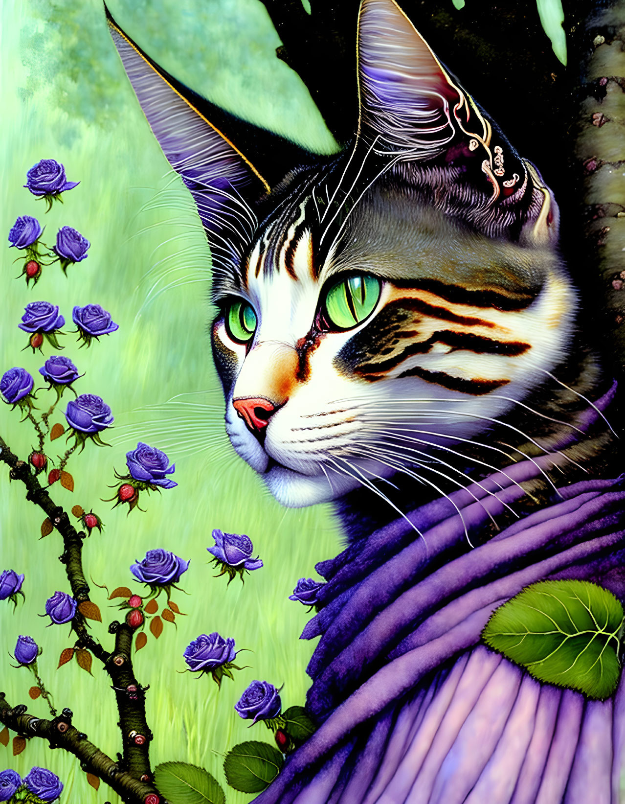 Vibrant cat with green eyes in purple outfit surrounded by lush greenery and flowers